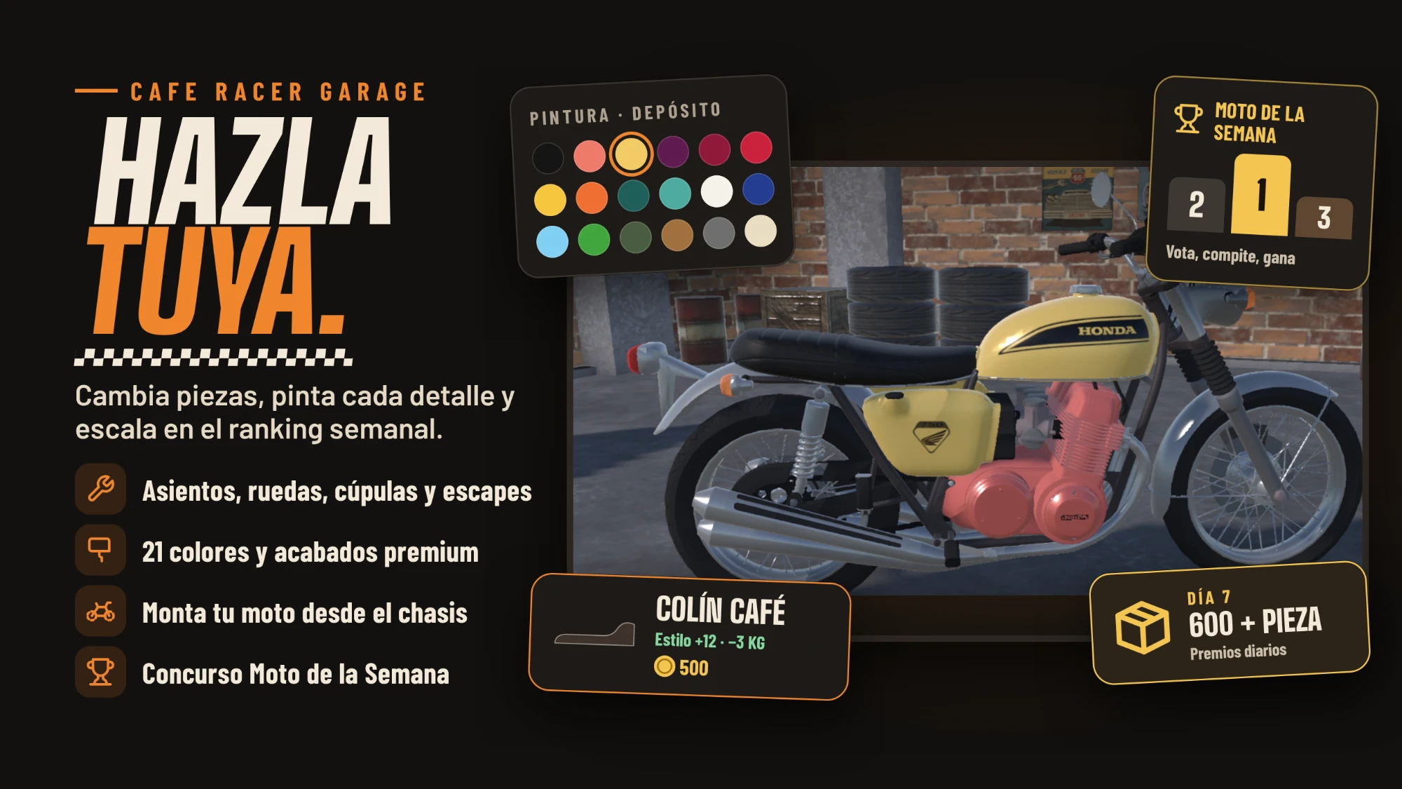 Cafe Racer Garage: cambia piezas, pinta cada detalle, colores y acabados premium, y concurso Moto de la Semana